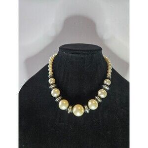 Silver Tone Necklace with Large Graduated Faux Pearls and Silver Tone Spacers